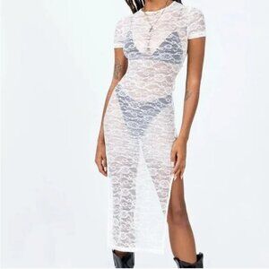 Lioness Lace Maxi Midi Dress Bodycon White Sheer Cover Up Short Sleeve XXS